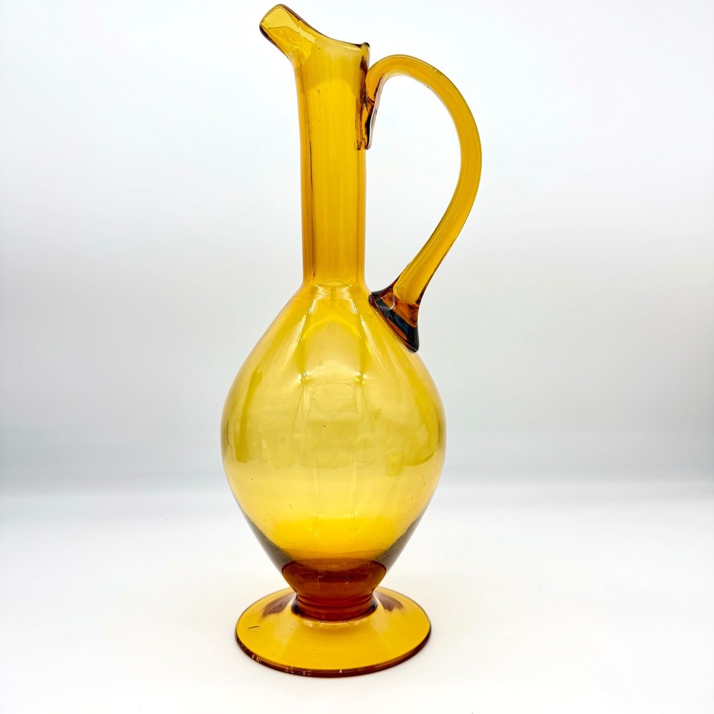 Vintage Rainbow Art Glass Amber Optic Ewer Pitcher MCM Long Neck